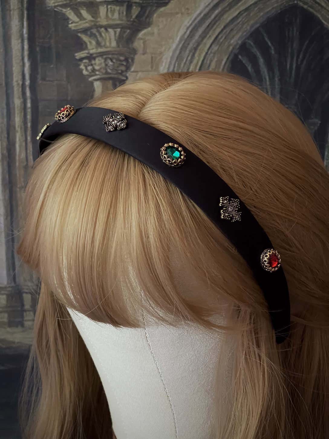 Medieval & Renaissance Inspired Jeweled Headband in Gothic Black Satin.