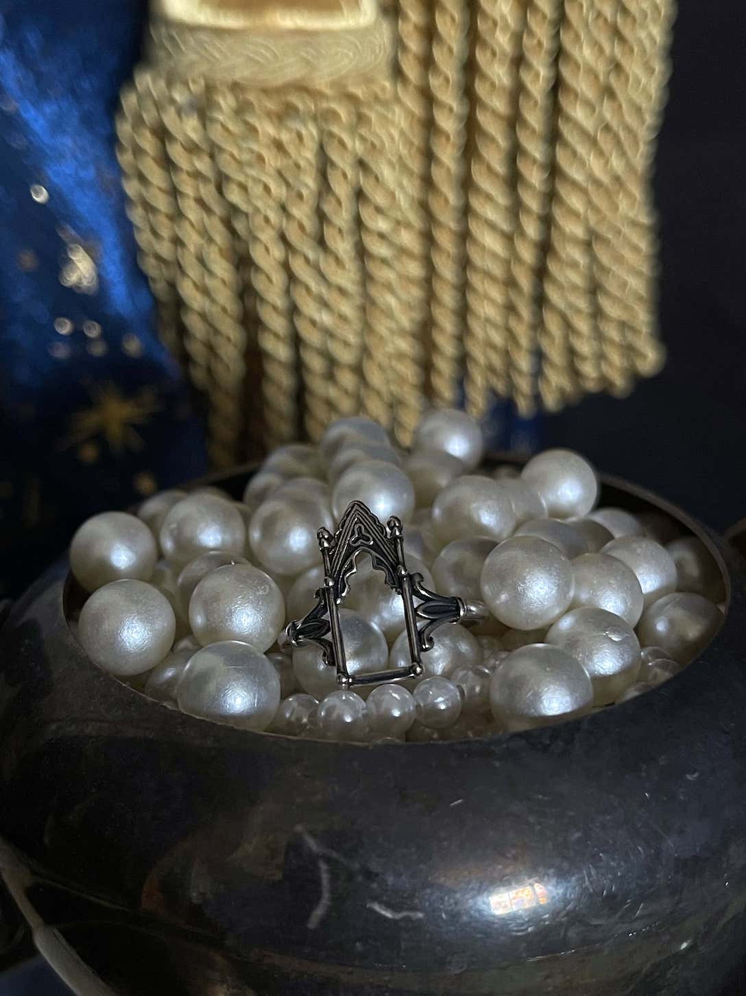 Medieval Gothic Cathedral Arch Inspired Ring in Aged Silver, Adjustable Band.