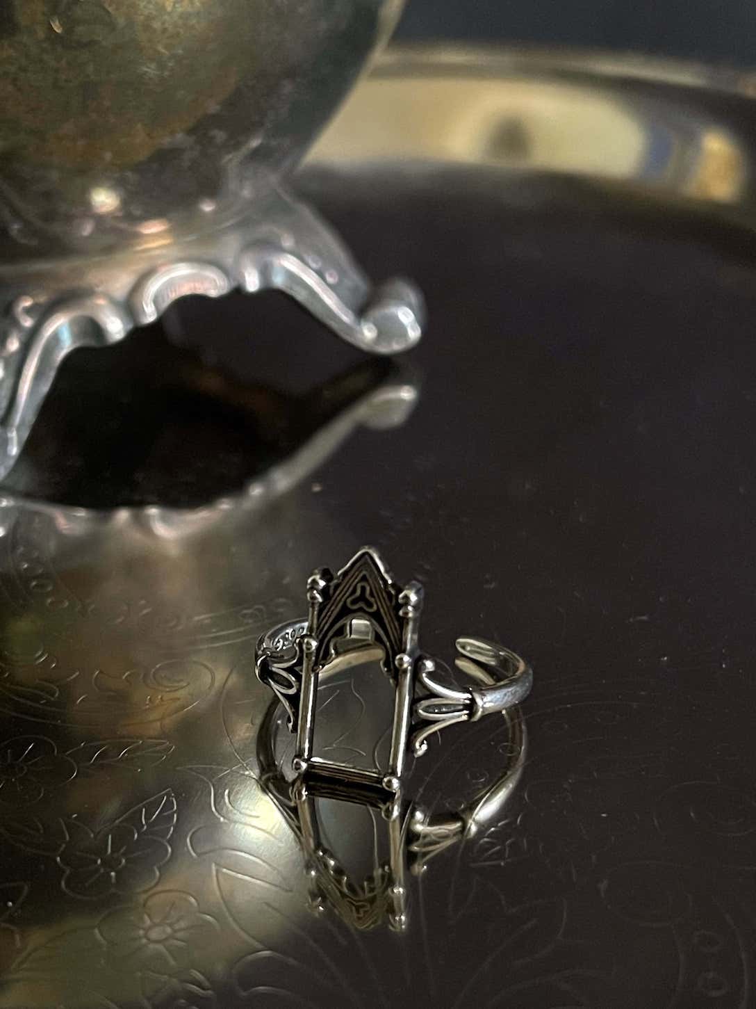 Medieval Gothic Cathedral Arch Inspired Ring in Aged Silver, Adjustable Band.
