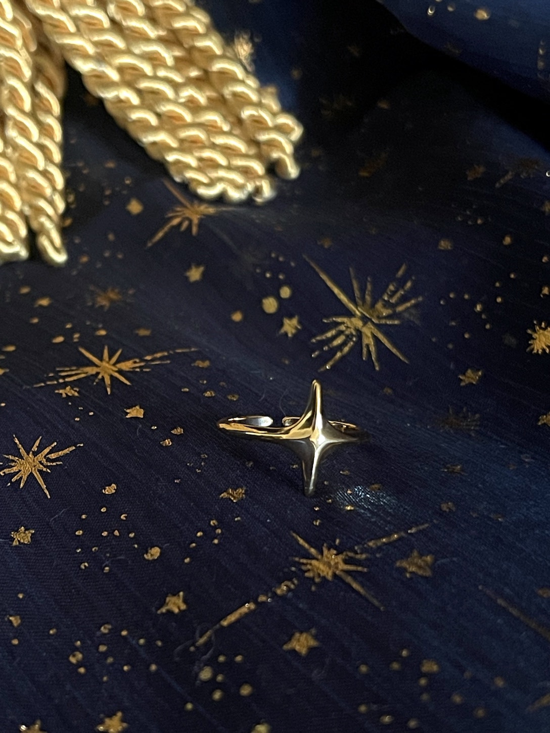 A whimsical Historically Inspired Celestial North Star Ring in Gold, nickel free, adjustable size.