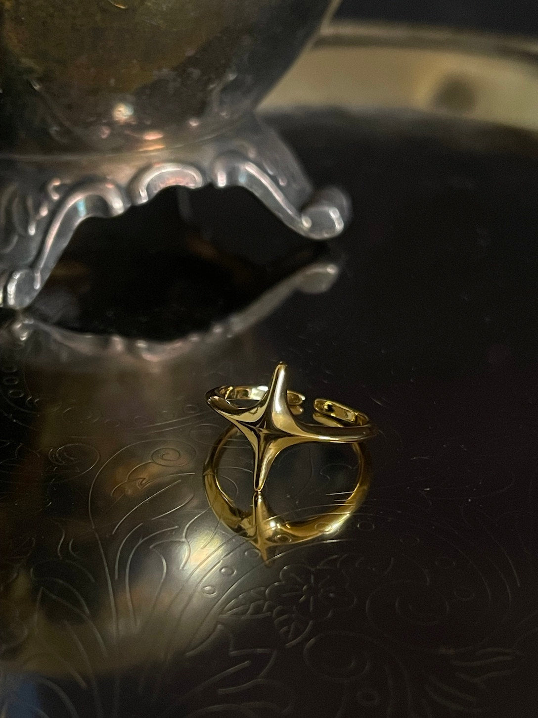 A whimsical Historically Inspired Celestial North Star Ring in Gold, nickel free, adjustable size.