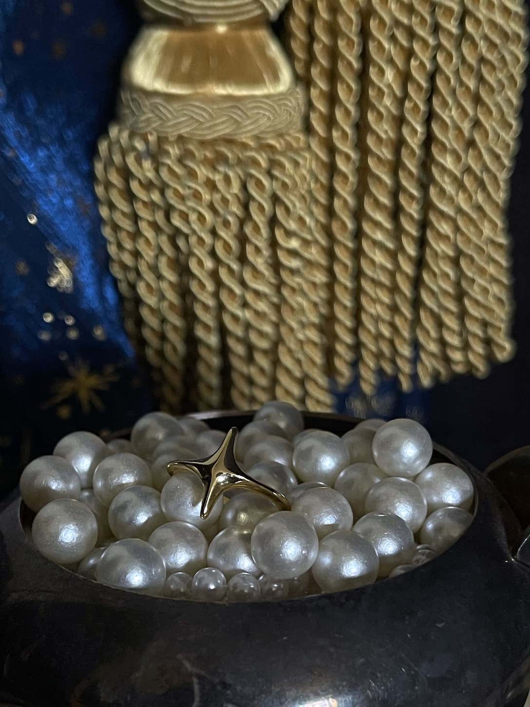 A whimsical Historically Inspired Celestial North Star Ring in Gold, nickel free, adjustable size.