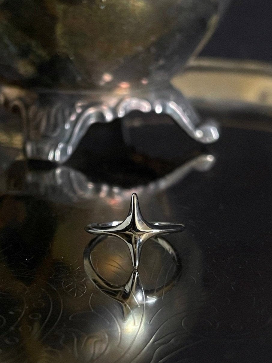 A Historically Inspired Celestial North Star Ring in Silver, adjustable band, nickel free.