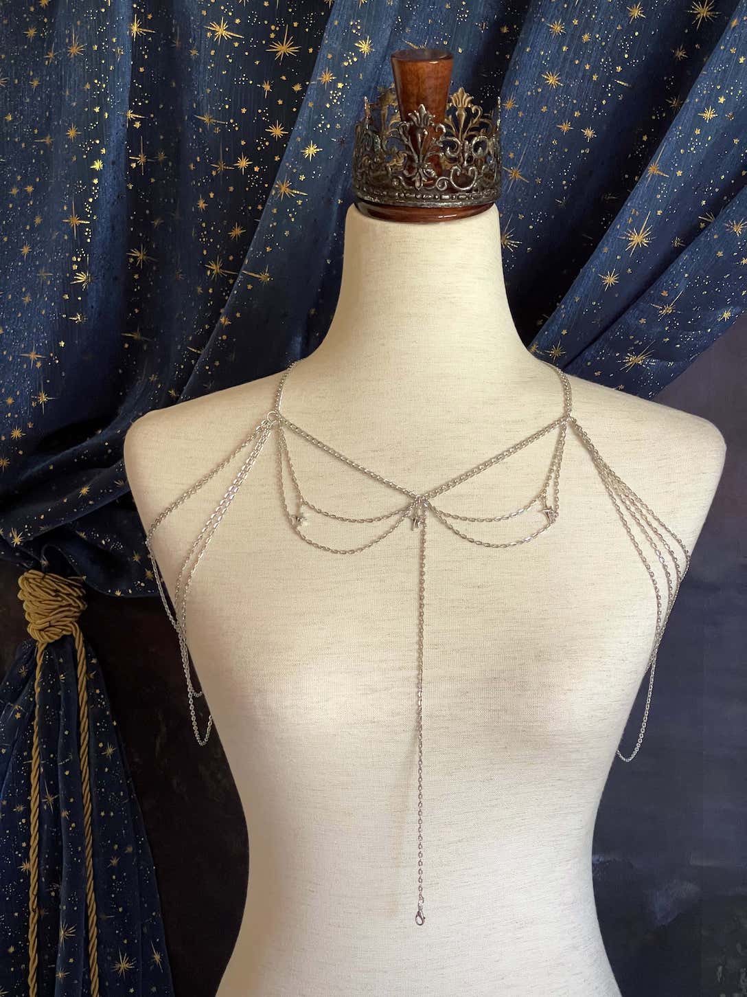 A Handmade Medieval Chainmail Inspired Celestial Star Chain Headdress / Body Jewelry Harness in Silver