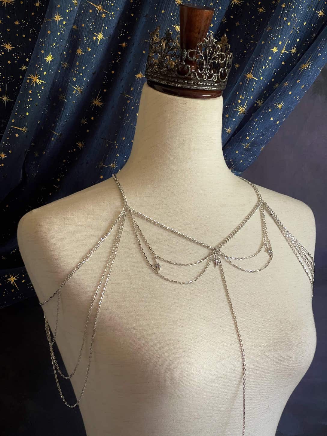 A Handmade Medieval Chainmail Inspired Celestial Star Chain Headdress / Body Jewelry Harness in Silver