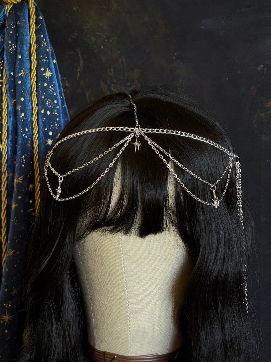 A Handmade Medieval Chainmail Inspired Celestial Star Chain Headdress / Body Jewelry Harness in Silver