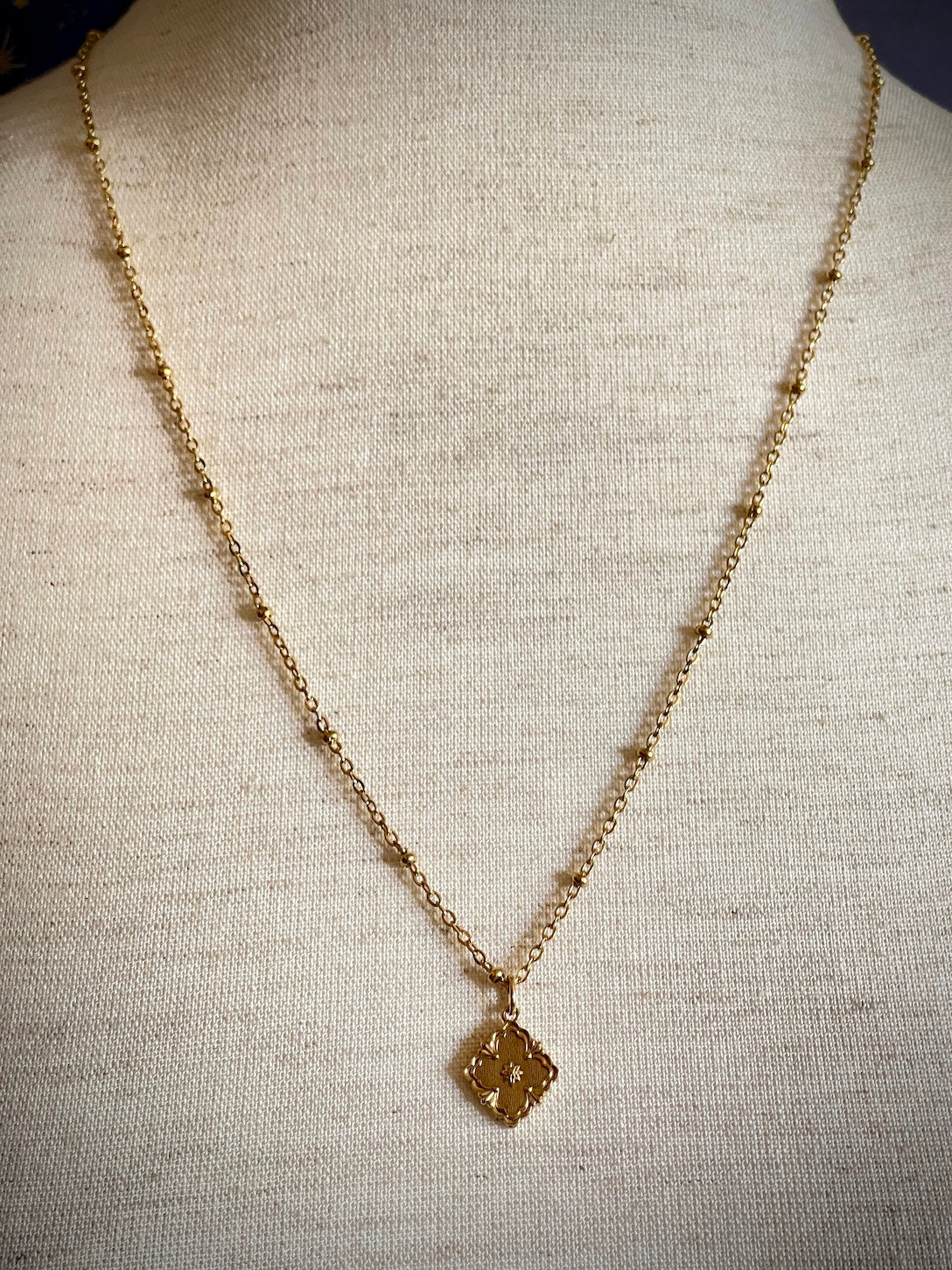 Historically Inspired Baroque Style Ornate Floral Quatrefoil Pendant Necklace in Gold