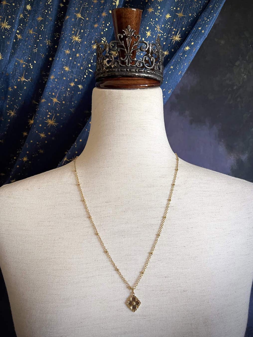 Historically Inspired Baroque Style Ornate Floral Quatrefoil Pendant Necklace in Gold