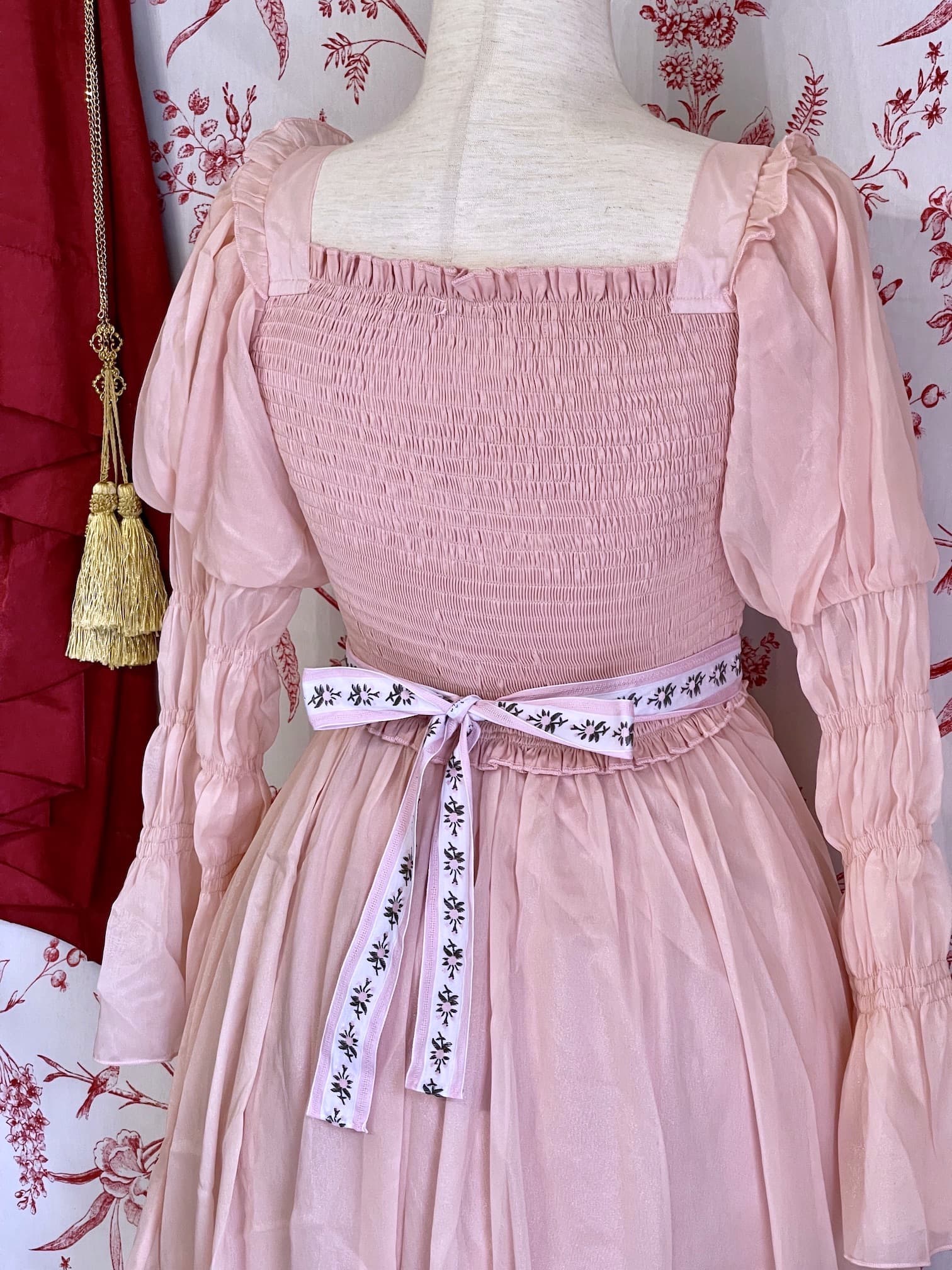 A Handmade Rococo and Regency Style Floral Ribbon Belt in Pink x White inspired by styles from the Rococo, Regency, Victorian, and Edwardian eras.