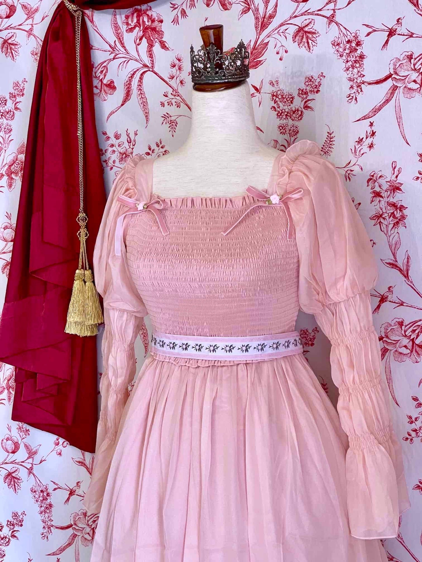 A Handmade Rococo and Regency Style Floral Ribbon Belt in Pink x White inspired by styles from the Rococo, Regency, Victorian, and Edwardian eras.