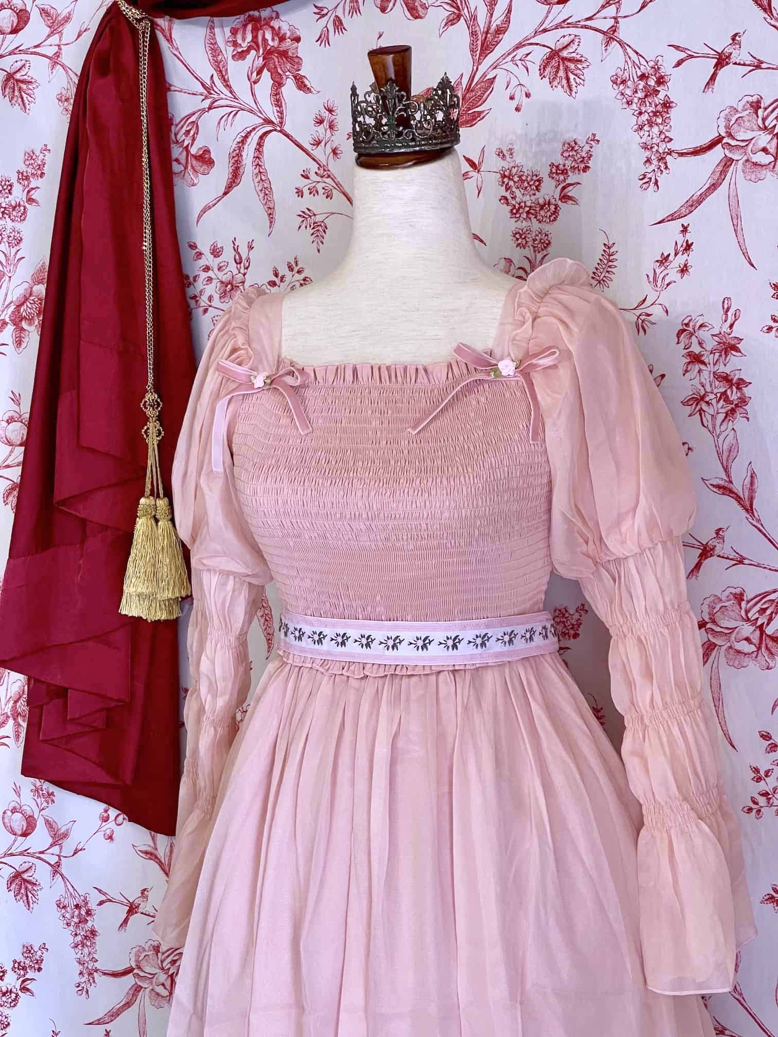 A Handmade Rococo and Regency Style Floral Ribbon Belt in Pink x White inspired by styles from the Rococo, Regency, Victorian, and Edwardian eras.