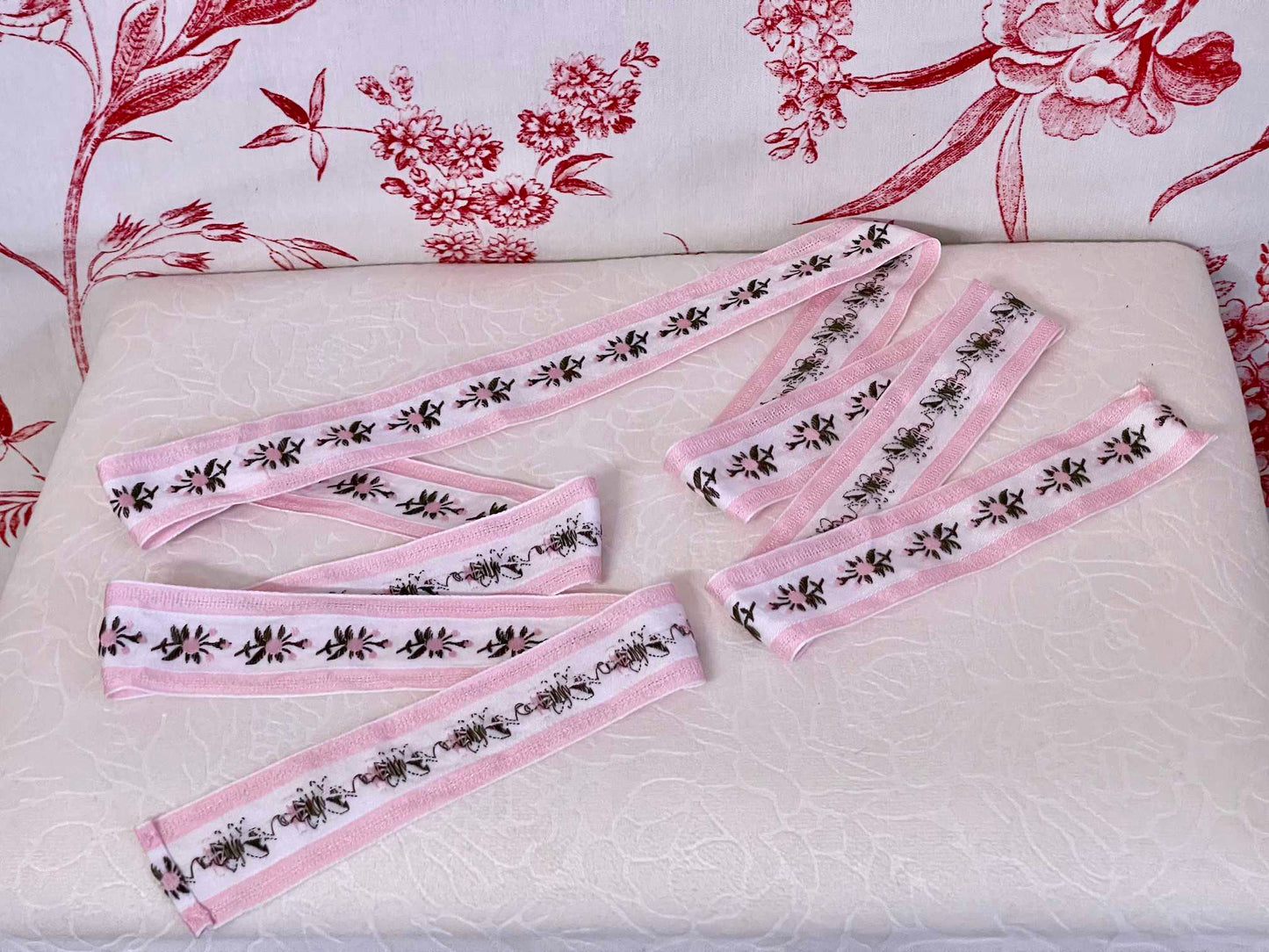 A Handmade Rococo and Regency Style Floral Ribbon Belt in Pink x White inspired by styles from the Rococo, Regency, Victorian, and Edwardian eras.