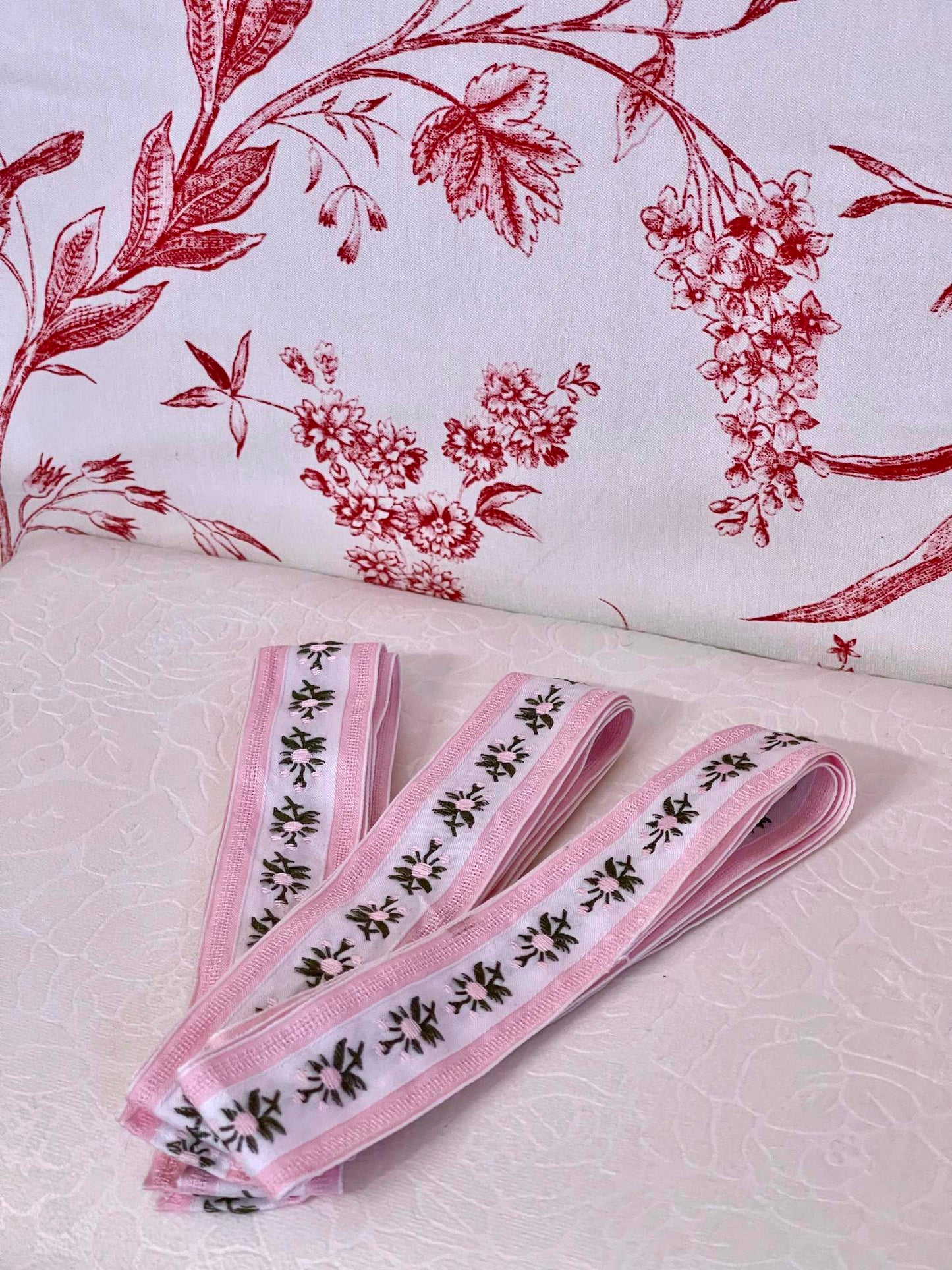 A Handmade Rococo and Regency Style Floral Ribbon Belt in Pink x White inspired by styles from the Rococo, Regency, Victorian, and Edwardian eras.