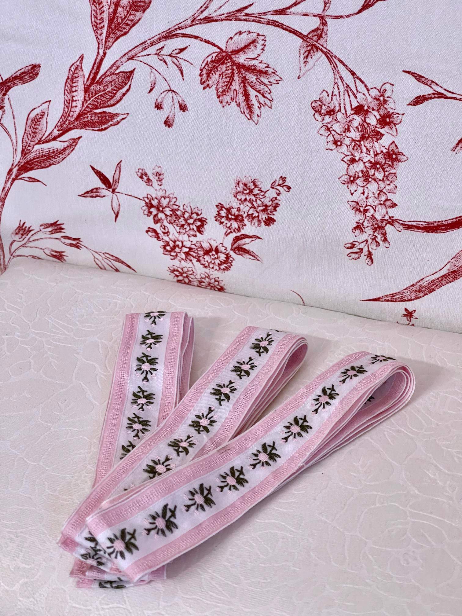 A Handmade Rococo and Regency Style Floral Ribbon Belt in Pink x White inspired by styles from the Rococo, Regency, Victorian, and Edwardian eras.