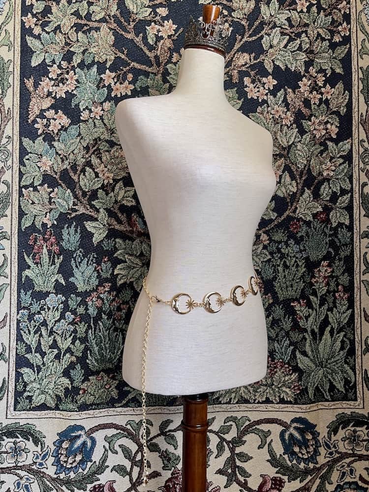 Historical Fantasy Inspired Celestial crescent Moon and Sun Belt in Gold, pictured on a mannequin. Whimsigoth wizard witch autumn.