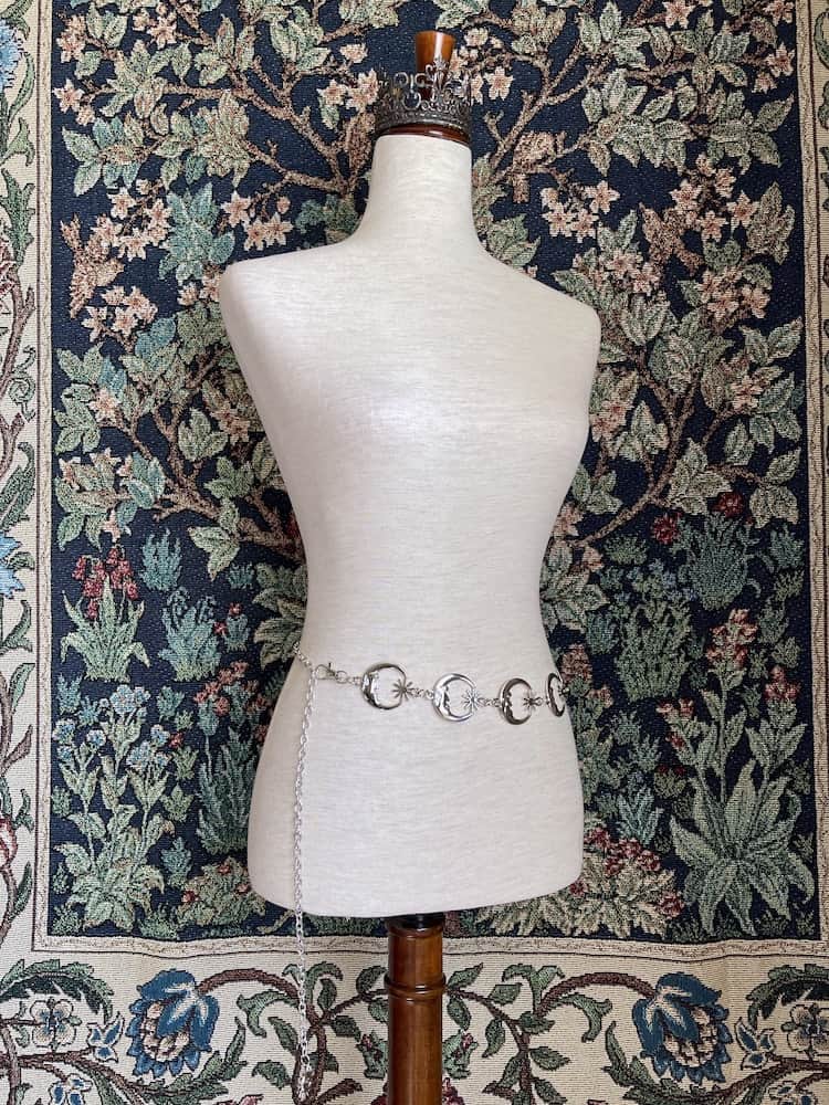 Historical Fantasy Inspired Celestial crescent Moon and Sun Belt in silver, pictured on a mannequin.