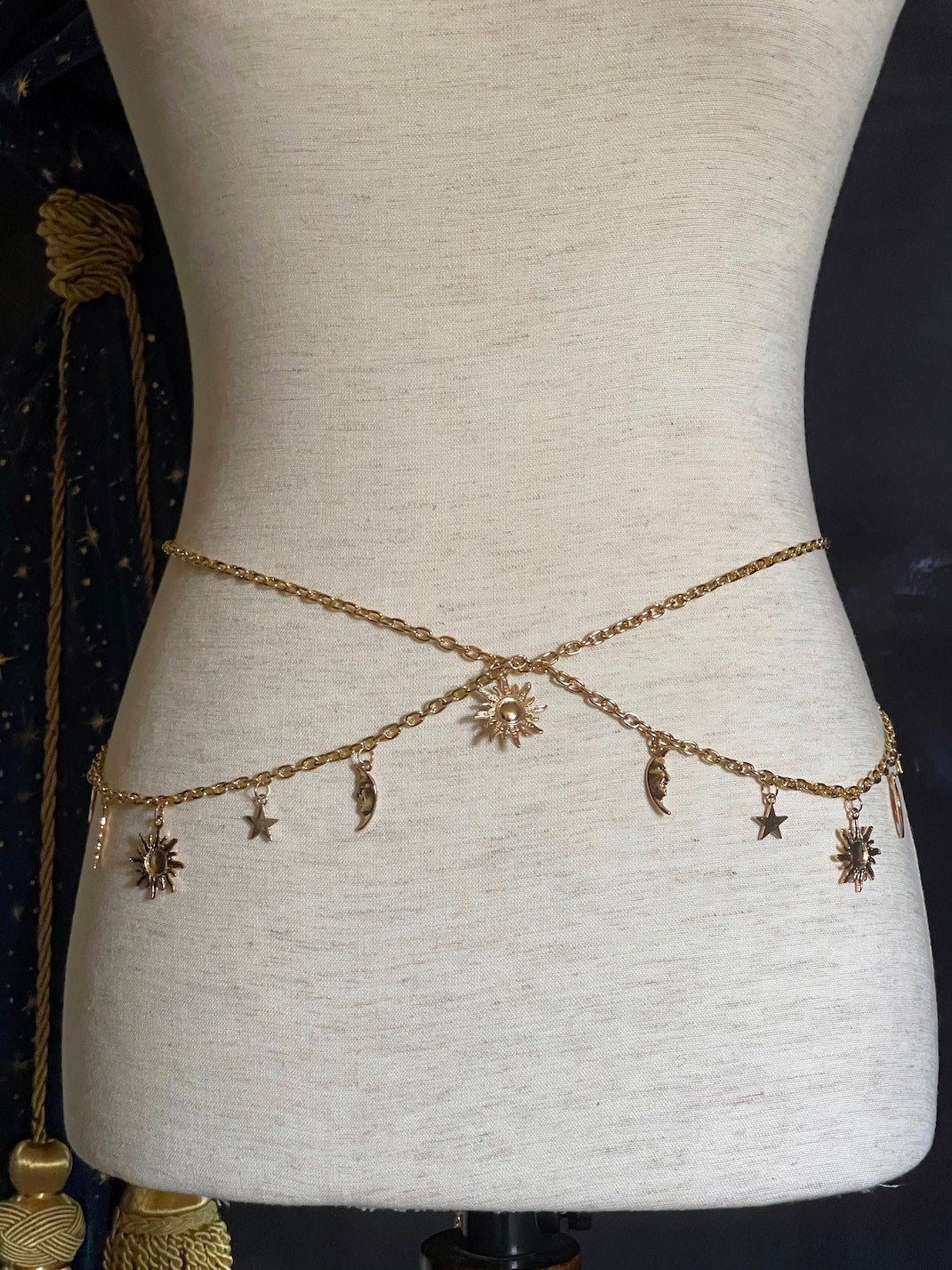 Historical Fantasy Inspired Celestial Charm Layered Chain Belt in Gold, whimsigoth wizard witchy accessory belt sun moon and star charms.