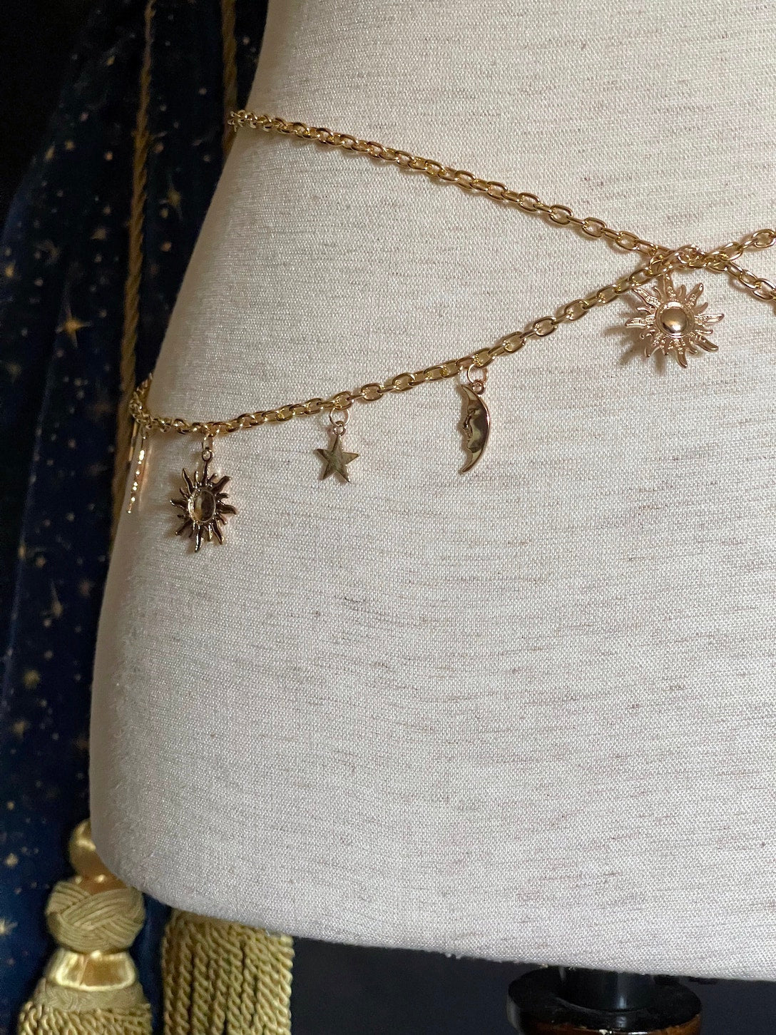 Historical Fantasy Inspired Celestial Charm Layered Chain Belt in Gold, whimsigoth wizard witchy accessory belt sun moon and star charms.