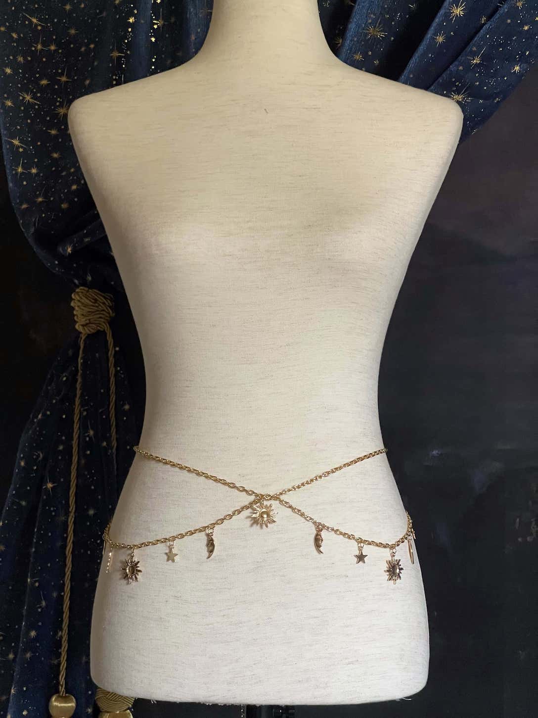 Historical Fantasy Inspired Celestial Charm Layered Chain Belt in Gold, whimsigoth wizard witchy accessory belt sun moon and star charms.