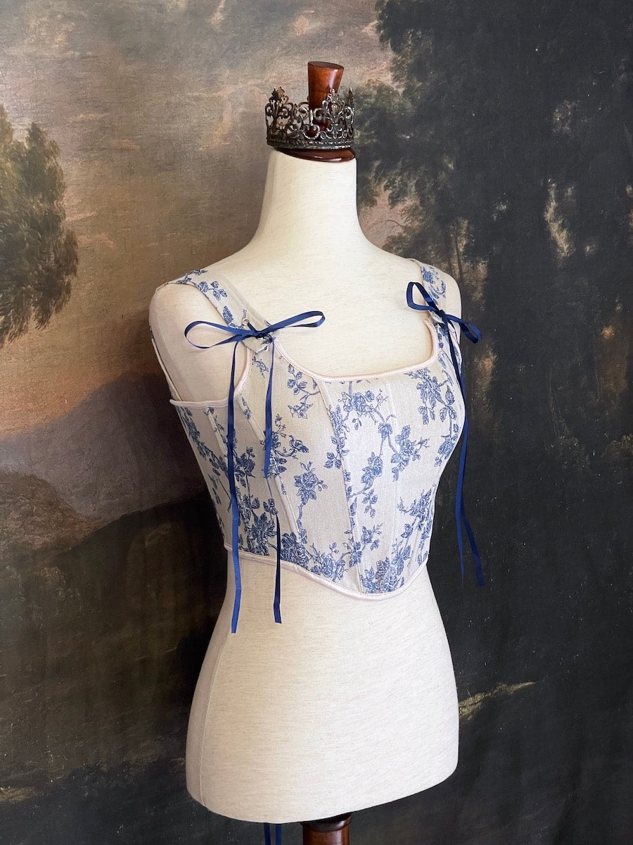 Rococo / Regency Ivory and Blue Floral Toile de Jouy Corset Stays
