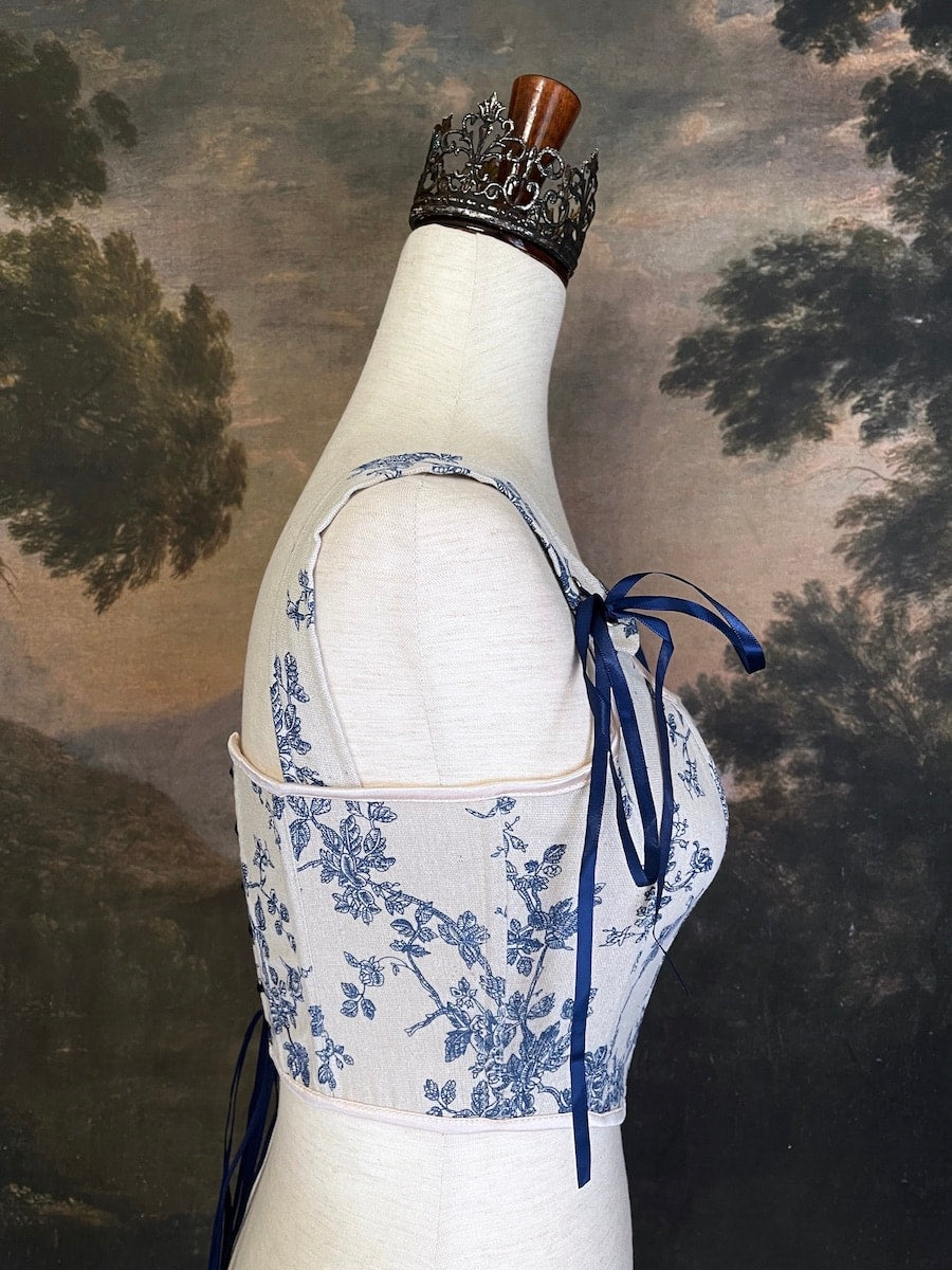 Rococo / Regency Ivory and Blue Floral Toile de Jouy Corset Stays