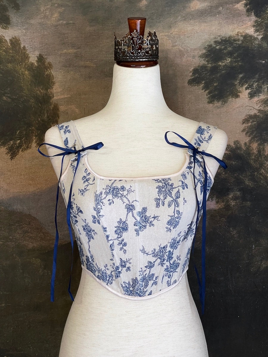 Rococo / Regency Ivory and Blue Floral Toile de Jouy Corset Stays