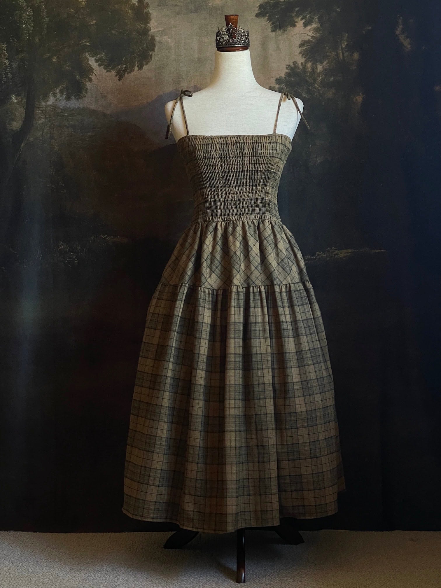 Historically Inspired Tartan Plaid Tiered Dress in Olive Green Yore Finery Historically Inspired Tartan Plaid Tiered Dress in Olive Green Yore Finery