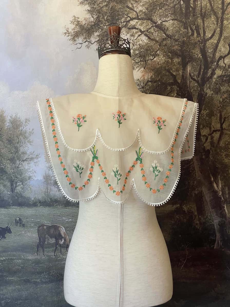 A Historically Inspired Wild Flower Embroidered Collar Capelet in Ivory, for Edwardian, Victorian, Regency, Rococo, and Baroque outfits.