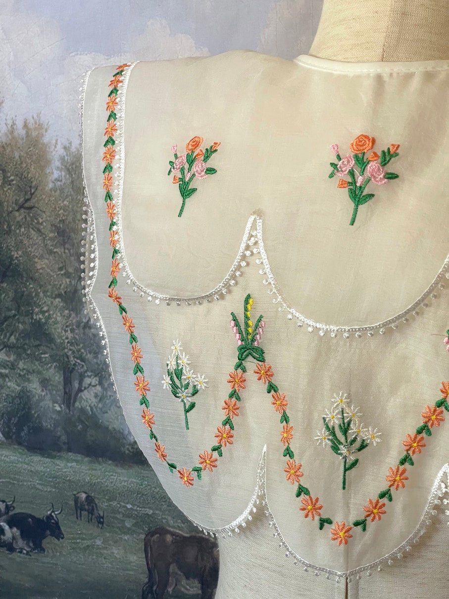 A Historically Inspired Wild Flower Embroidered Collar Capelet in White, for Edwardian, Victorian, Regency, Rococo, and Baroque outfits.