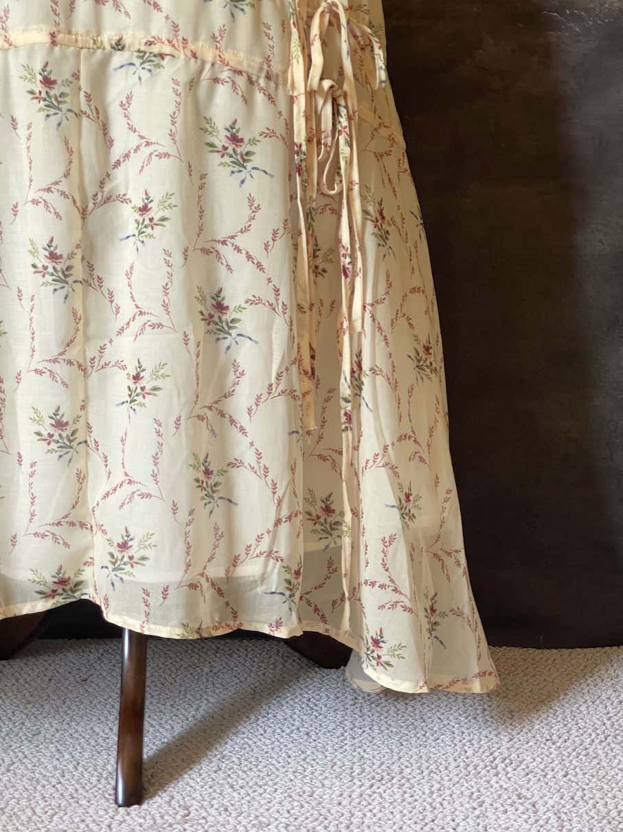 Historically Inspired vintage European style Ivory Floral Bouquet Print Maxi Dress with shirring bodice and drawstring adjustable waterfall skirt.