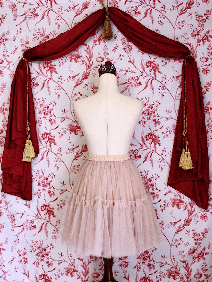 Historically Inspired Victorian Style Frilly Tiered Ballet Skirt with Bow Appliques and Rosette embellishment in Nude-Pink