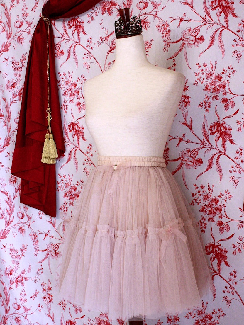 Historically Inspired Victorian Style Frilly Tiered Ballet Skirt with Bow Appliques and Rosette embellishment in Nude-Pink