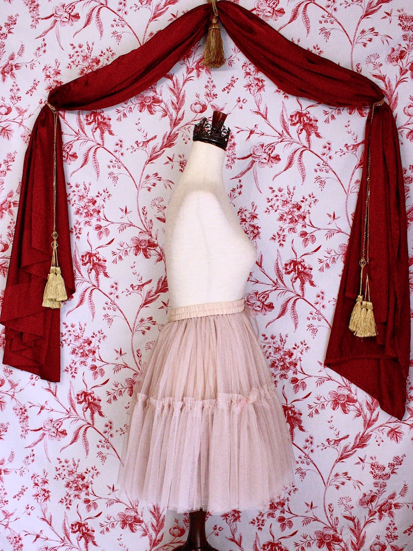 Historically Inspired Victorian Style Frilly Tiered Ballet Skirt with Bow Appliques and Rosette embellishment in Nude-Pink