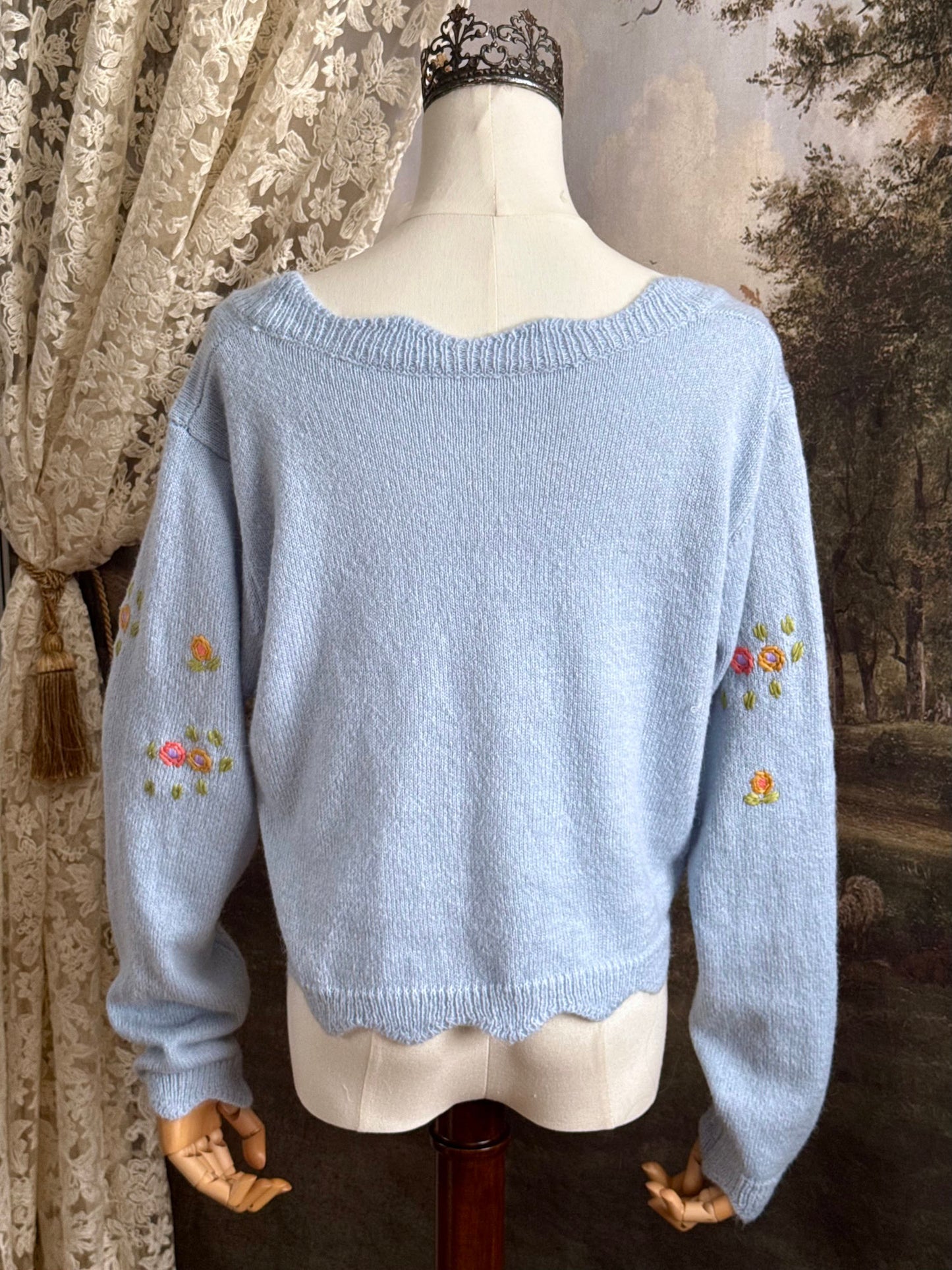 Light blue knit cardigan with vintage style floral embroidery, pictured on a mannequin against an art history background.