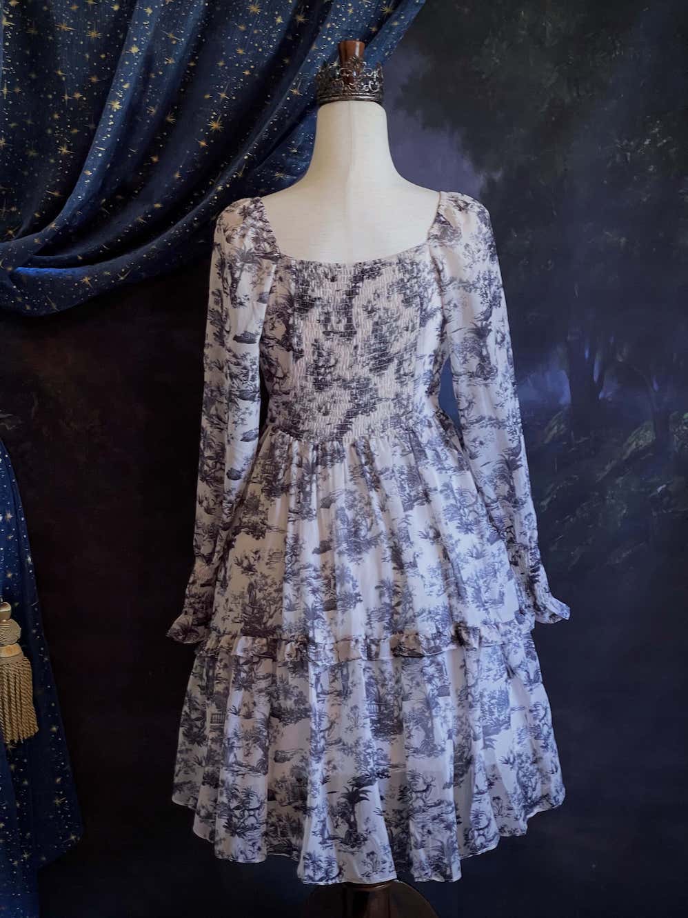 A Historically Inspired Rococo and Baroque style Blue & White Toile Print Bishop Sleeve Mini Dress with Ruffle Trim and Gathered Cuffs