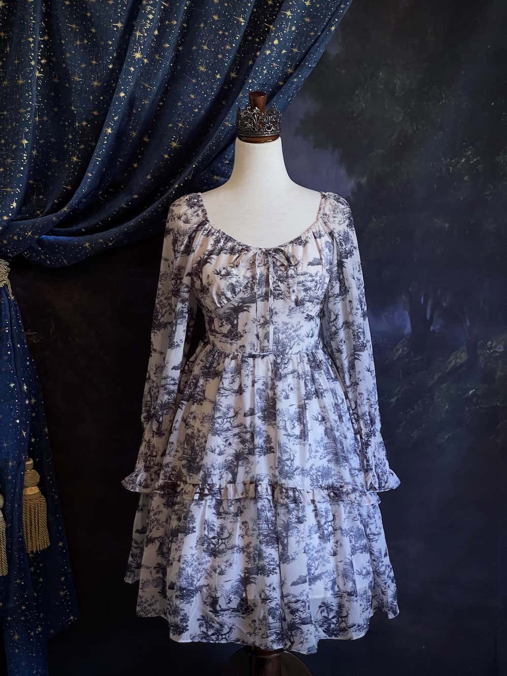 A Historically Inspired Rococo and Baroque style Blue & White Toile Print Bishop Sleeve Mini Dress with Ruffle Trim and Gathered Cuffs