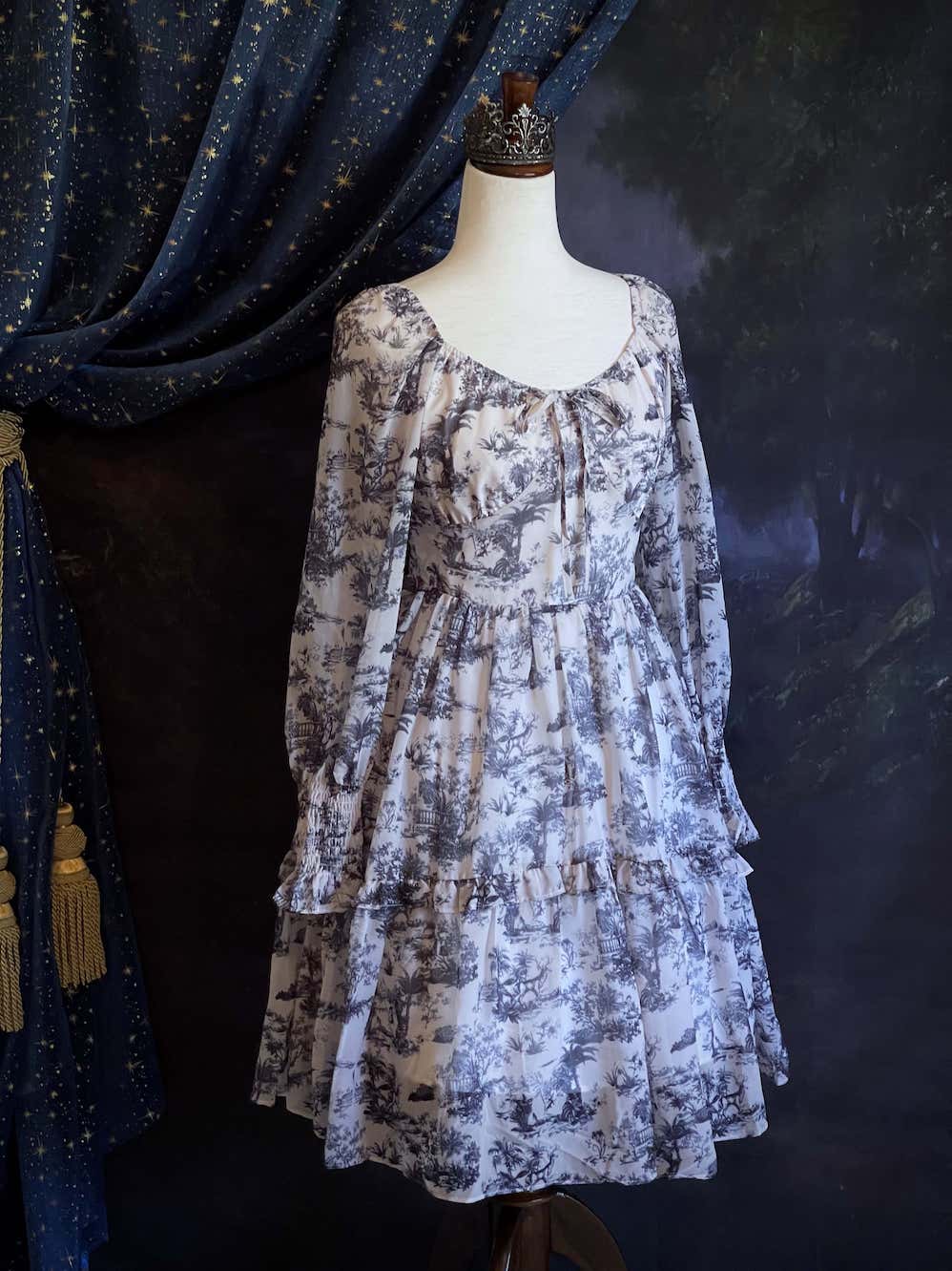 A Historically Inspired Rococo and Baroque style Blue & White Toile Print Bishop Sleeve Mini Dress with Ruffle Trim and Gathered Cuffs