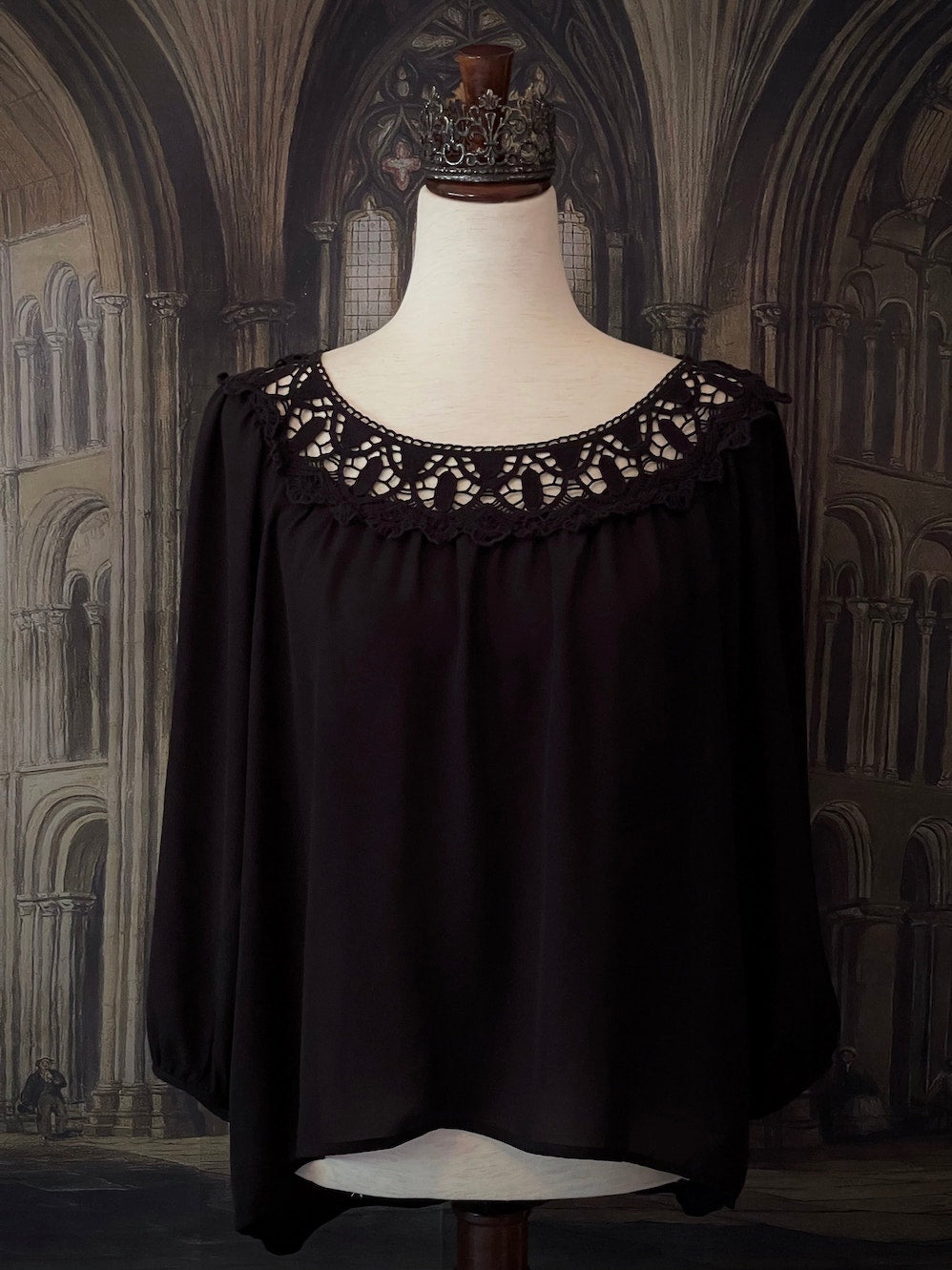 A Historically Inspired Victorian and Edwardian style Black Crochet Neckline Chemise Blouse with bishop sleeves.