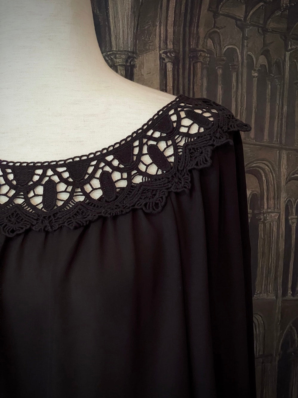 A Historically Inspired Victorian and Edwardian style Black Crochet Neckline Chemise Blouse with bishop sleeves.