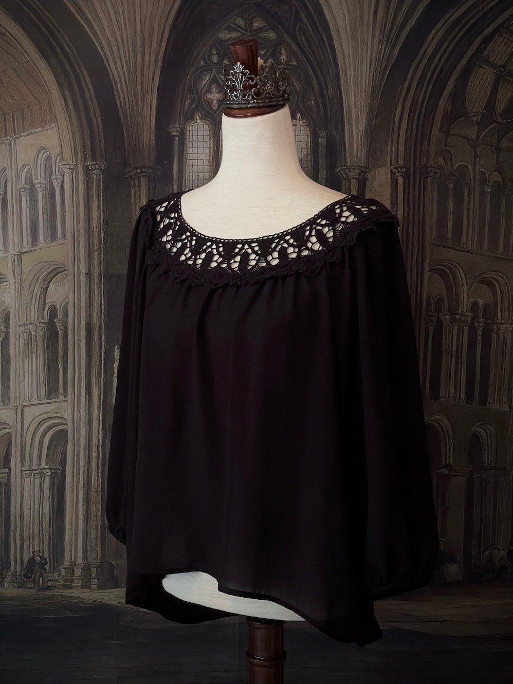 A Historically Inspired Victorian and Edwardian style Black Crochet Neckline Chemise Blouse with bishop sleeves.