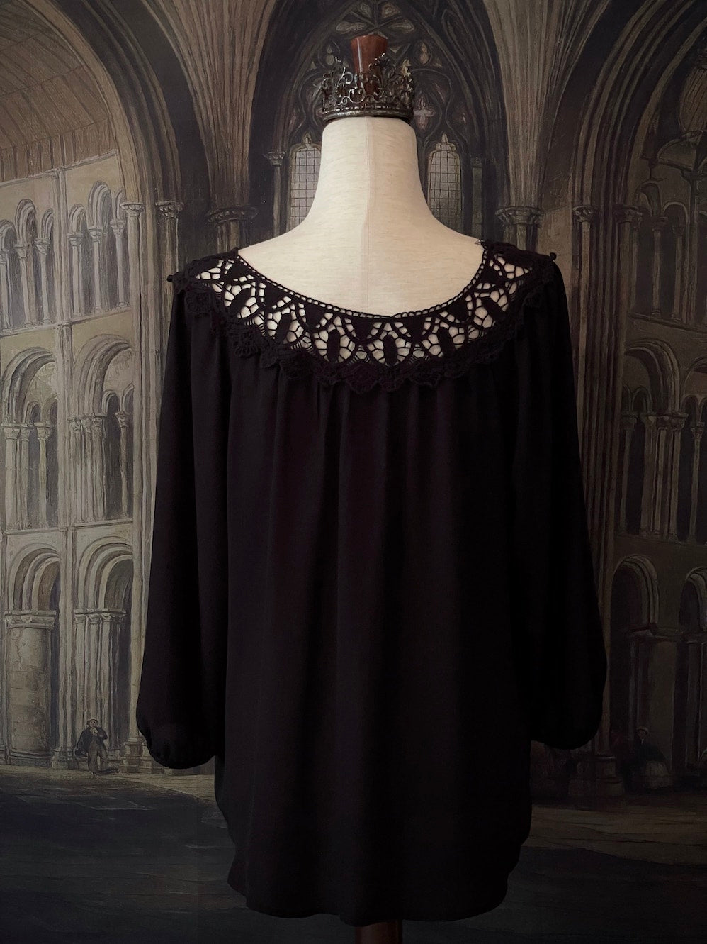 A Historically Inspired Victorian and Edwardian style Black Crochet Neckline Chemise Blouse with bishop sleeves.