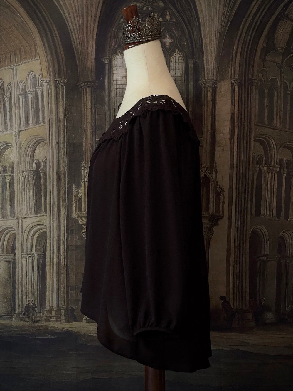 A Historically Inspired Victorian and Edwardian style Black Crochet Neckline Chemise Blouse with bishop sleeves.