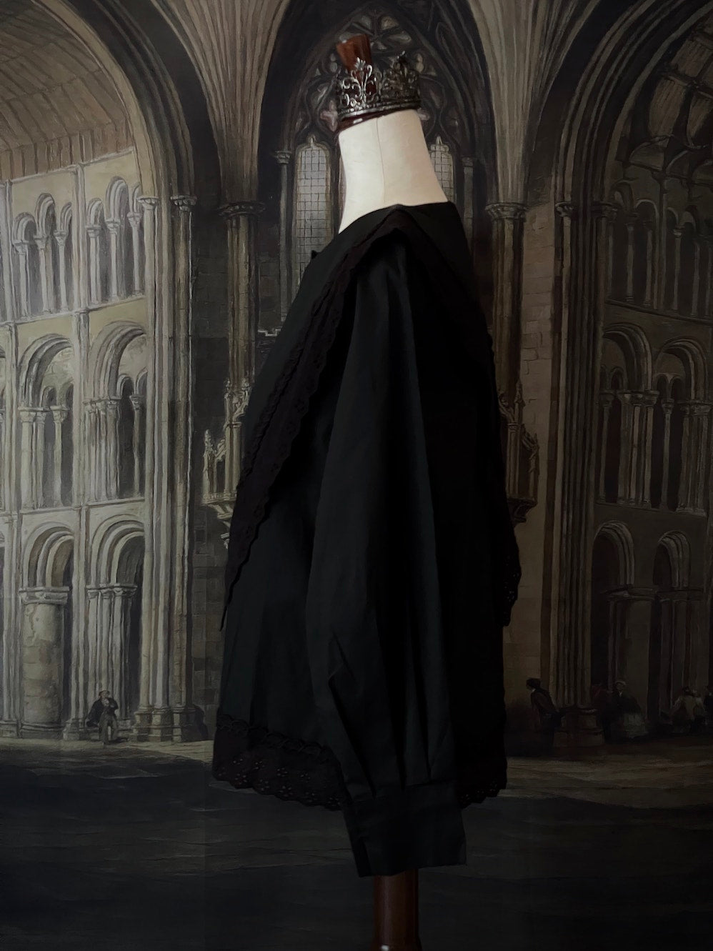 A Historically Inspired Medieval and Victorian Gothic Dagger Collar Blouse in Black Cotton with Lace Trim and Long Sleeves.