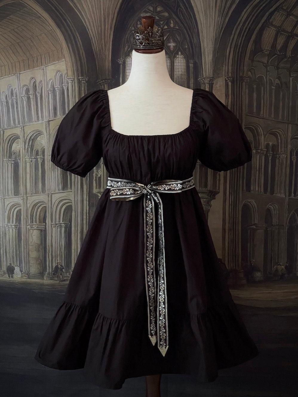 Victorian & Regency Inspired Gothic Puff Sleeve Mini Dress in Black Cotton Victorian & Regency Inspired Gothic Puff Sleeve Mini Dress in Black Cotton