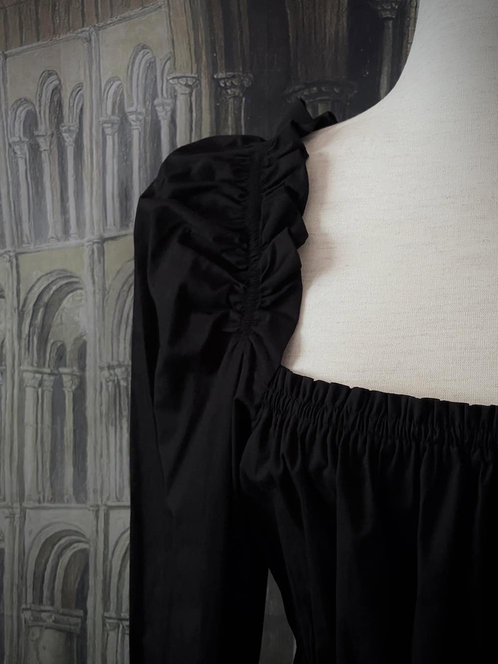 A Historically Inspired Smocked Cotton Chemise Blouse in Gothic Black with Square Neckline and Bishop Sleeves