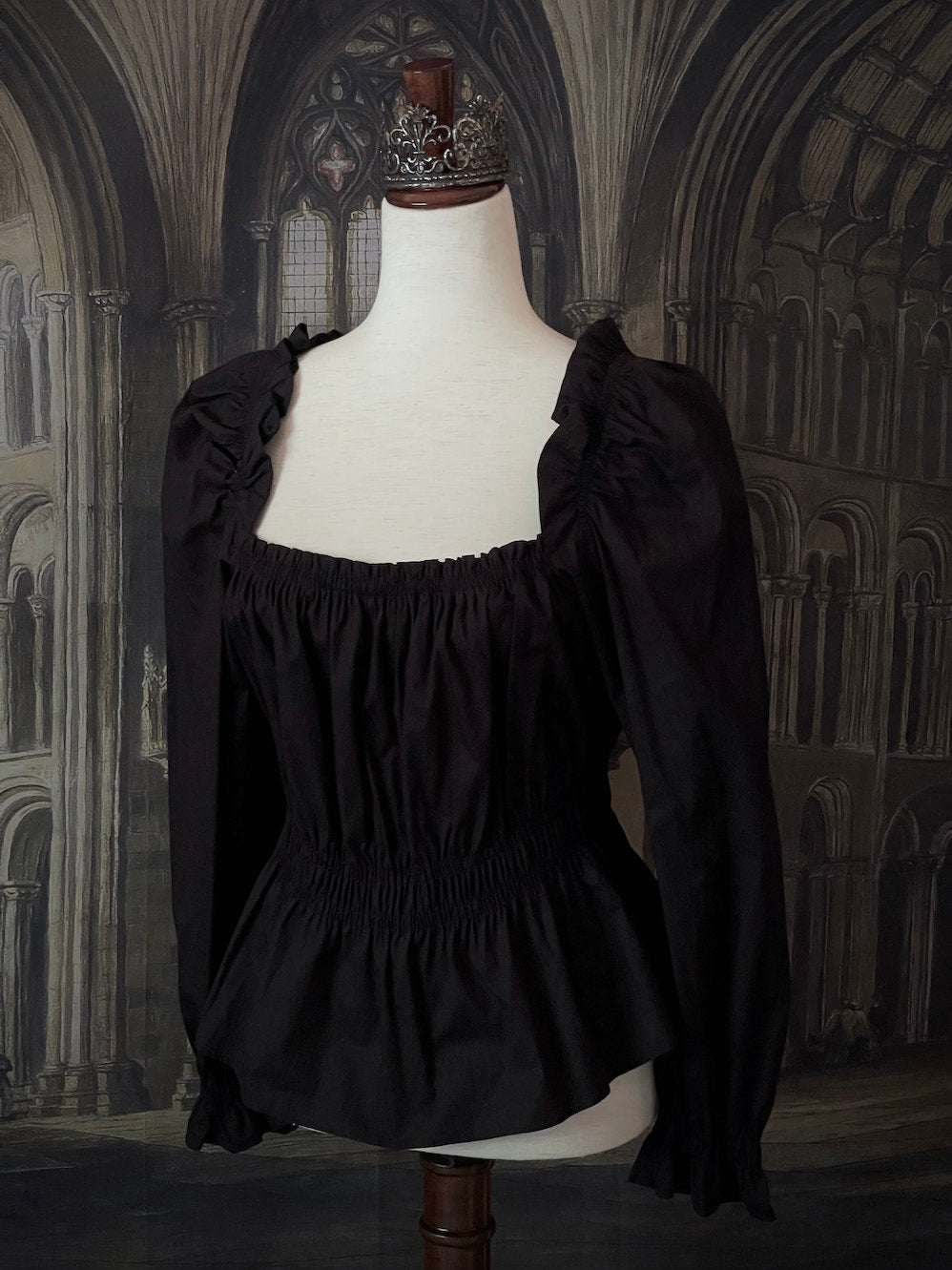 A Historically Inspired Smocked Cotton Chemise Blouse in Gothic Black with Square Neckline and Bishop Sleeves