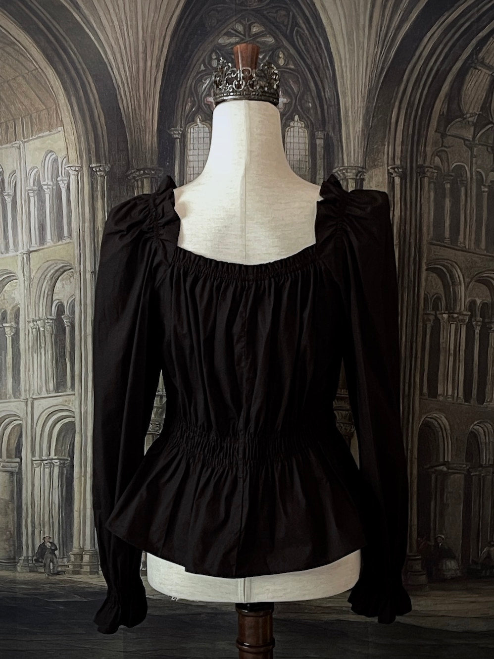 A Historically Inspired Smocked Cotton Chemise Blouse in Gothic Black with Square Neckline and Bishop Sleeves