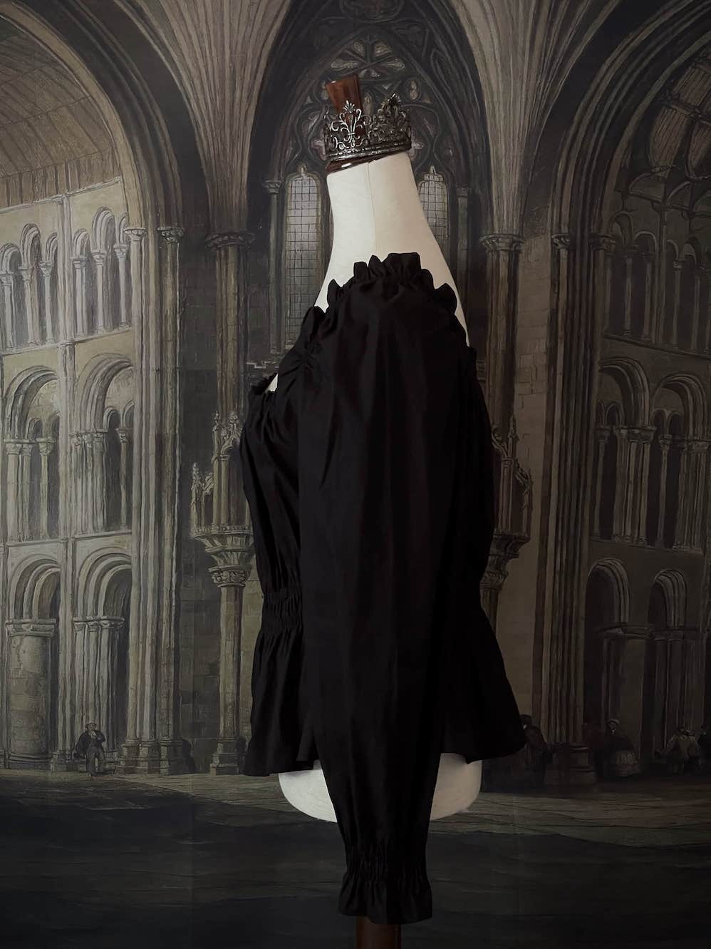 A Historically Inspired Smocked Cotton Chemise Blouse in Gothic Black with Square Neckline and Bishop Sleeves