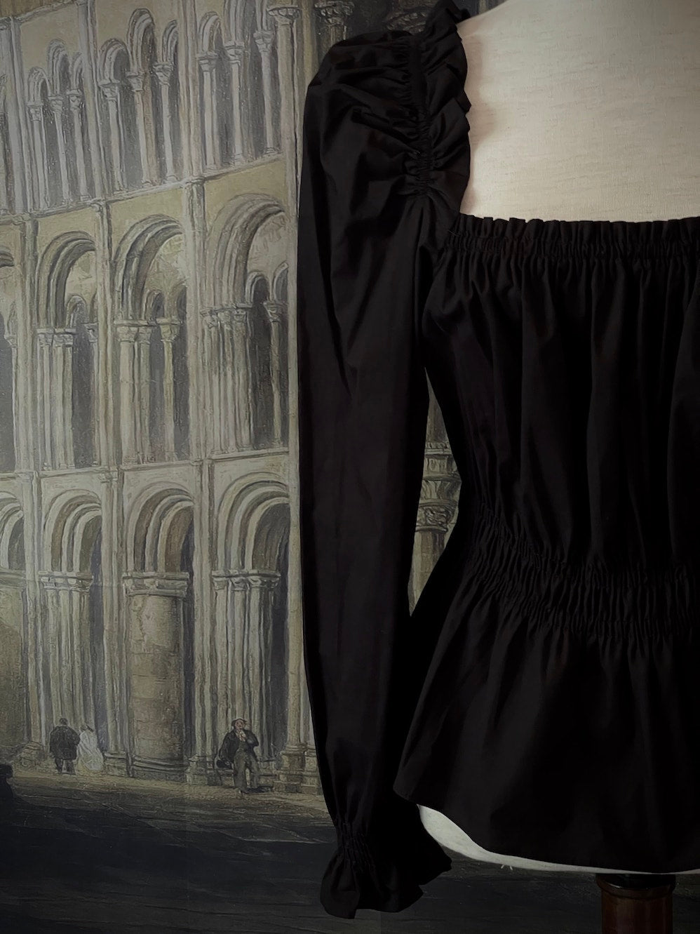 A Historically Inspired Smocked Cotton Chemise Blouse in Gothic Black with Square Neckline and Bishop Sleeves