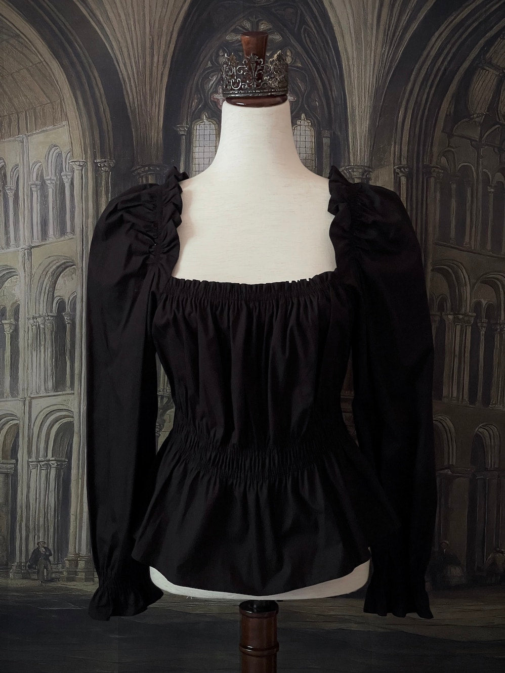 A Historically Inspired Smocked Cotton Chemise Blouse in Gothic Black with Square Neckline and Bishop Sleeves